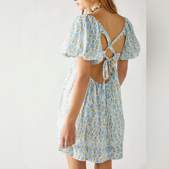 Free People Marina Mini Dress in printed Ivory Baby Blue Combo. NWT - Picture 2 of 6